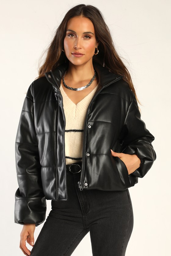 Trendy Black Jacket - Vegan Leather Jacket - Puffer Jacket - Lulus