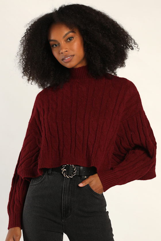 Cropped Cutie Burgundy Cable Knit Cropped Mock Neck Sweater 3