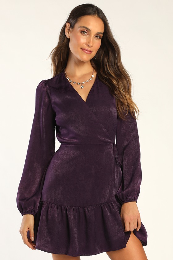 Lulus So Splendid Dark Purple Satin Long Sleeve Wrap Dress