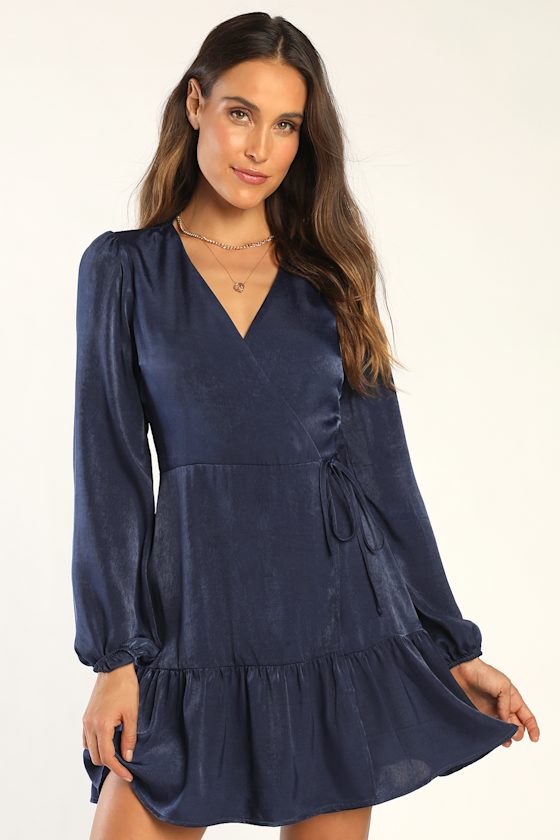 So Splendid Navy Blue Satin Long Sleeve Wrap Dress 6