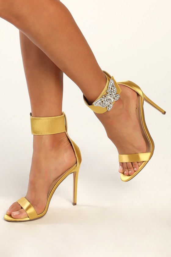 Lulus Mariahh Pear Satin Rhinestone Butterfly Ankle Strap Heels In Gold