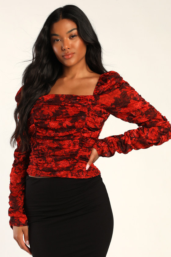 Meant for Romance Red Floral Print Ruched Long Sleeve Crop Top