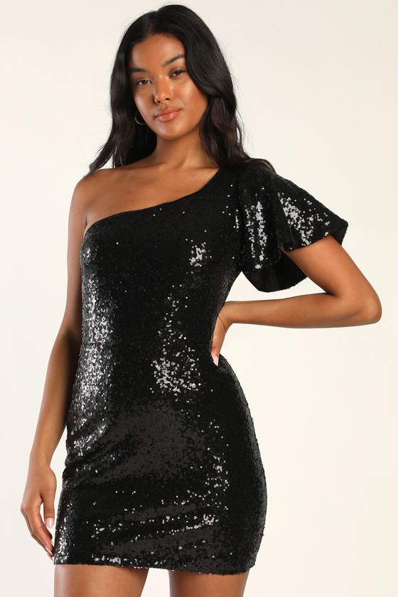 Black Sequin Dress - One-Shoulder Dress - Mini Bodycon Dress - Lulus