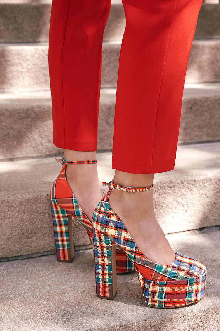 red plaid high heels
