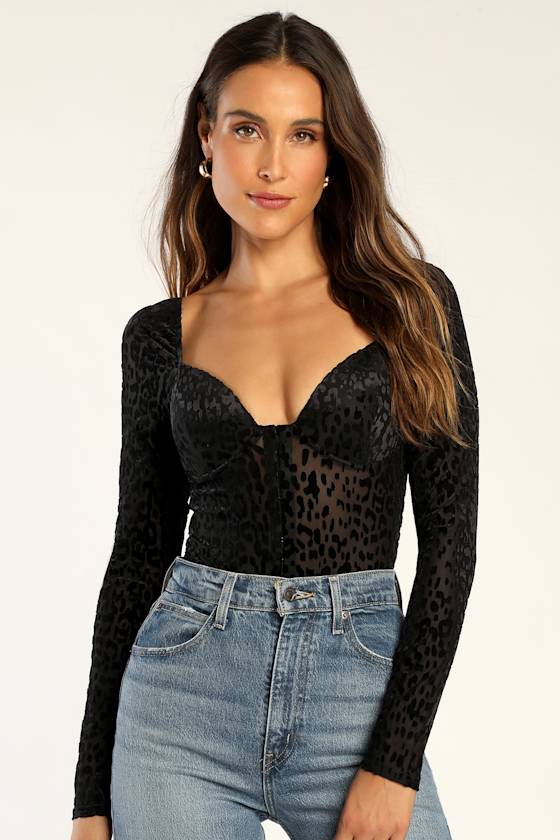 Lulus Wild Forever Black Animal Print Sheer Bustier Bodysuit