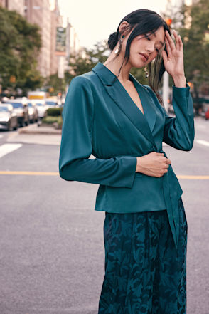 emerald green oversized ring detail blazer dress Green Blazer Dress with Ring Belt Detail