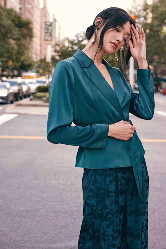 Chic Aspirations Emerald Green Satin Blazer 6