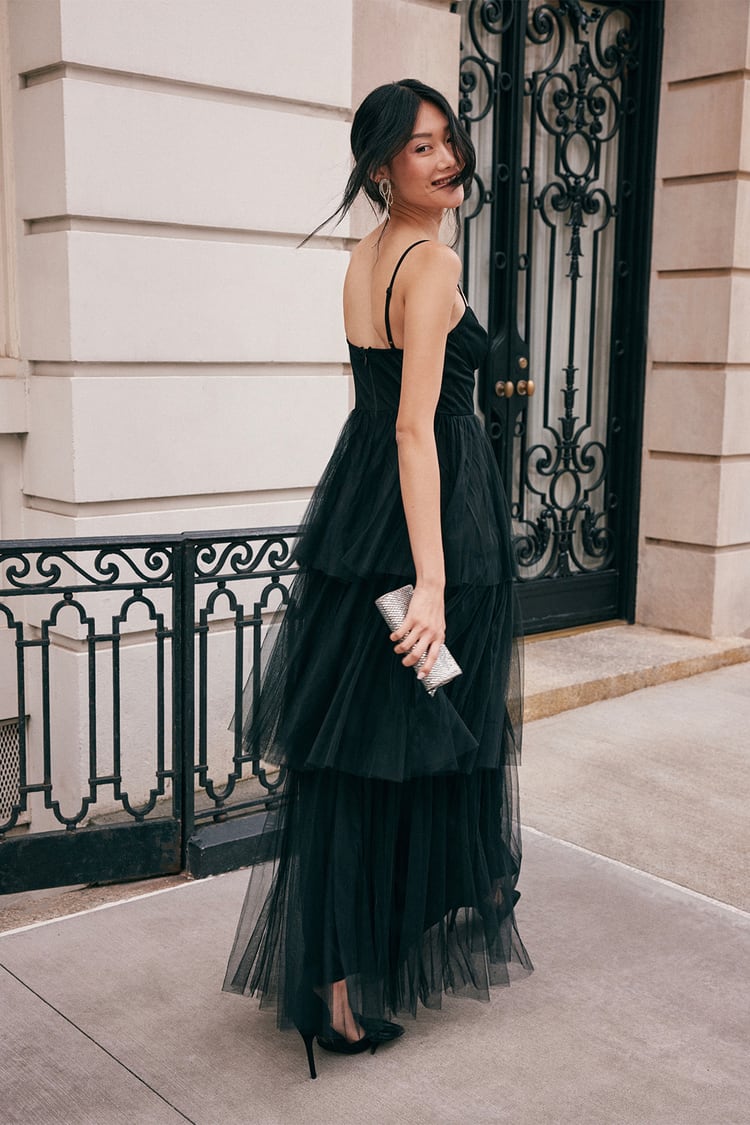 Tulle-y Amazing Black Tulle Sleeveless Bustier Maxi Dress