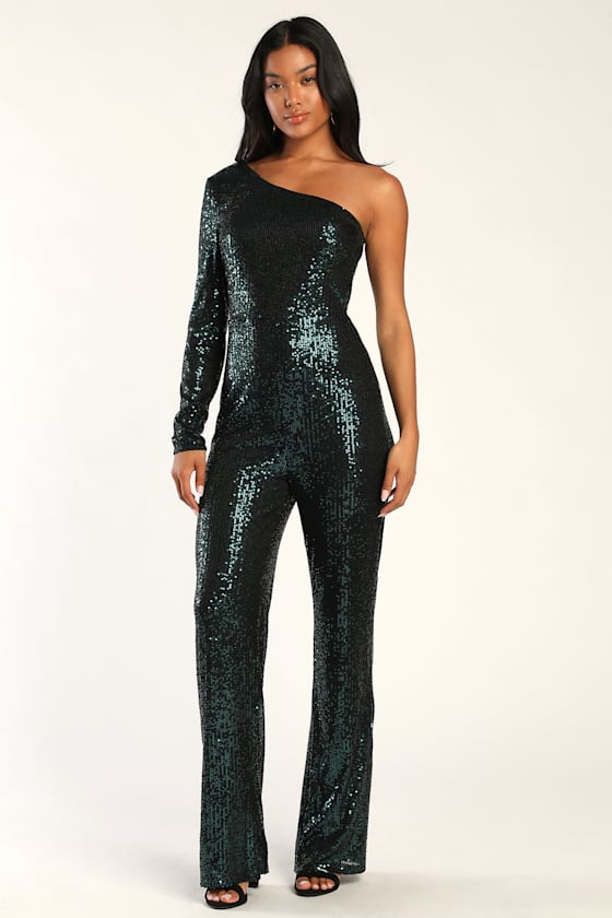 Emerald Green Jumpsuit Sequin Jumpsuit OneShoulder Jumpsuit Lulus
