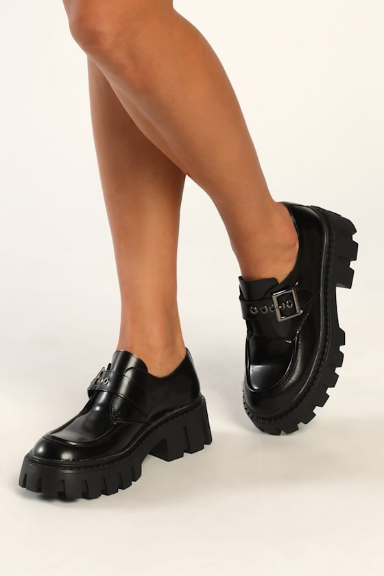 Henna Black Platform Lug Sole Buckle Loafers 4