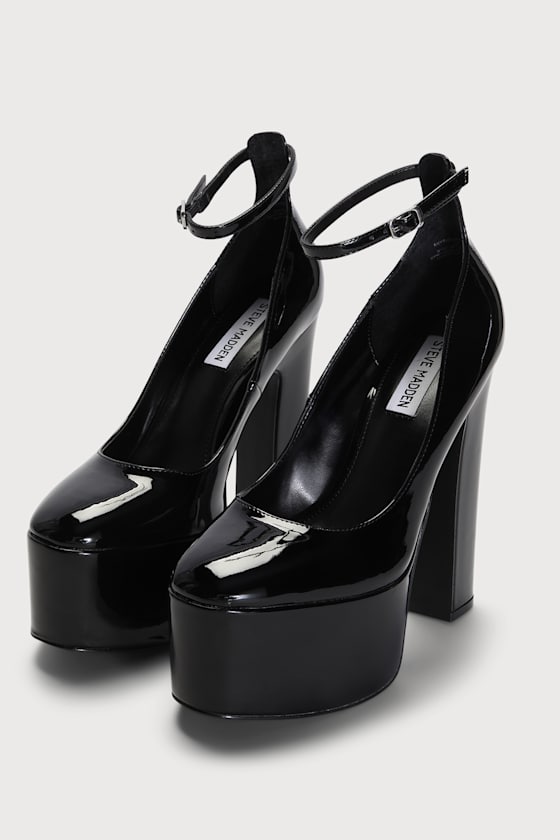 Skyrise Black Patent Platform Ankle Strap Pumps 2