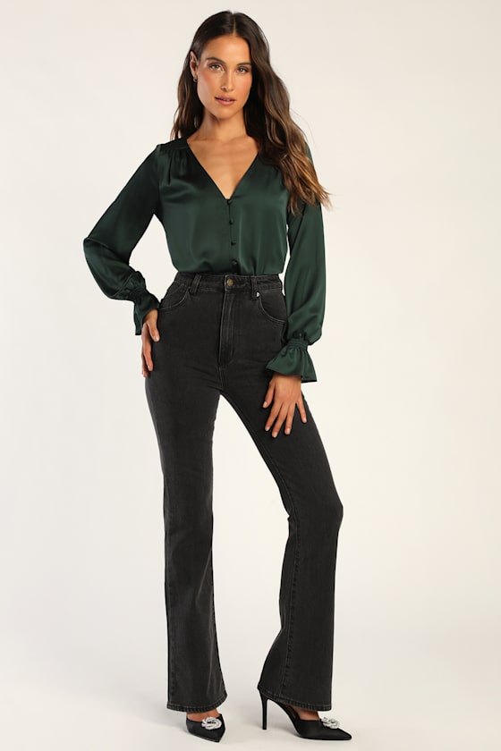 Essential Chic Dark Green Satin Long Sleeve Button-Up Top 1