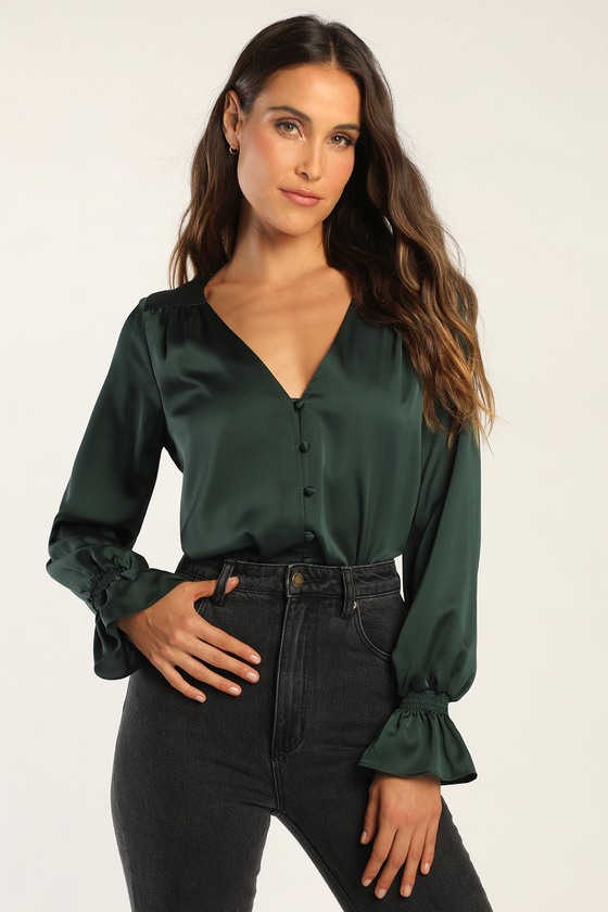 Dark Green Button-Up Top - Satin Top - Satin Blouse - Lulus