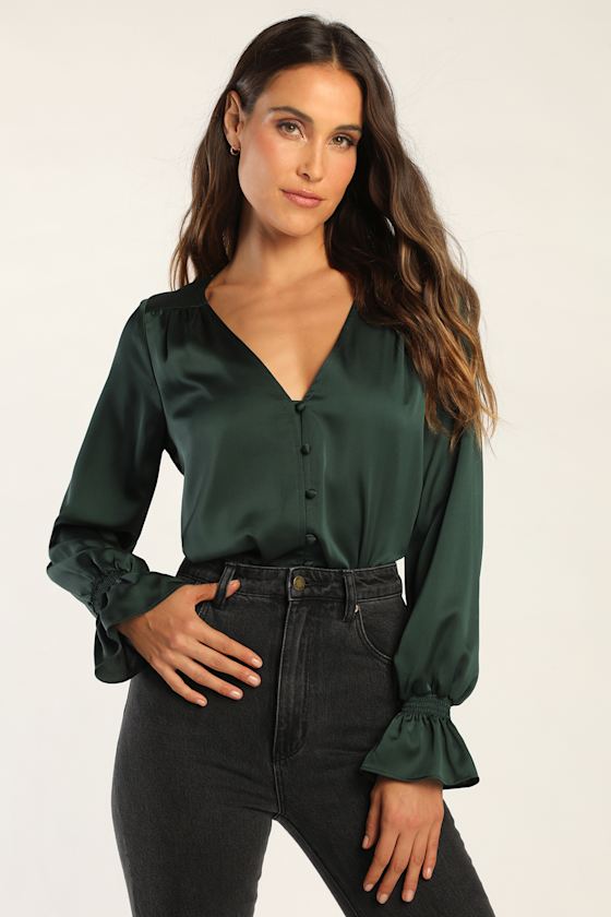 Dark Green ButtonUp Top Satin Top Satin Blouse Lulus