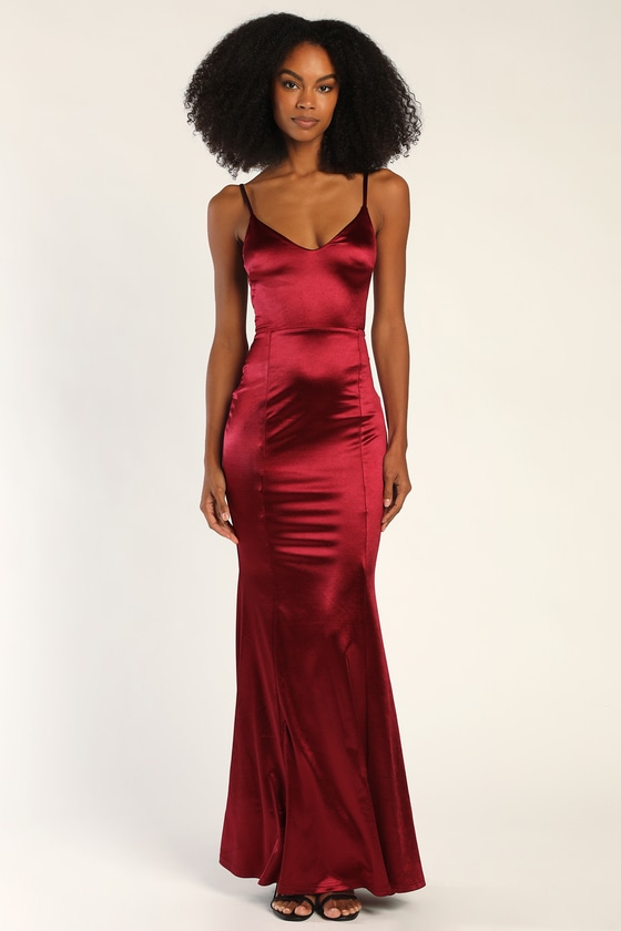 A Lot Like Love Burgundy Satin Lace-Up Mermaid Maxi Dress