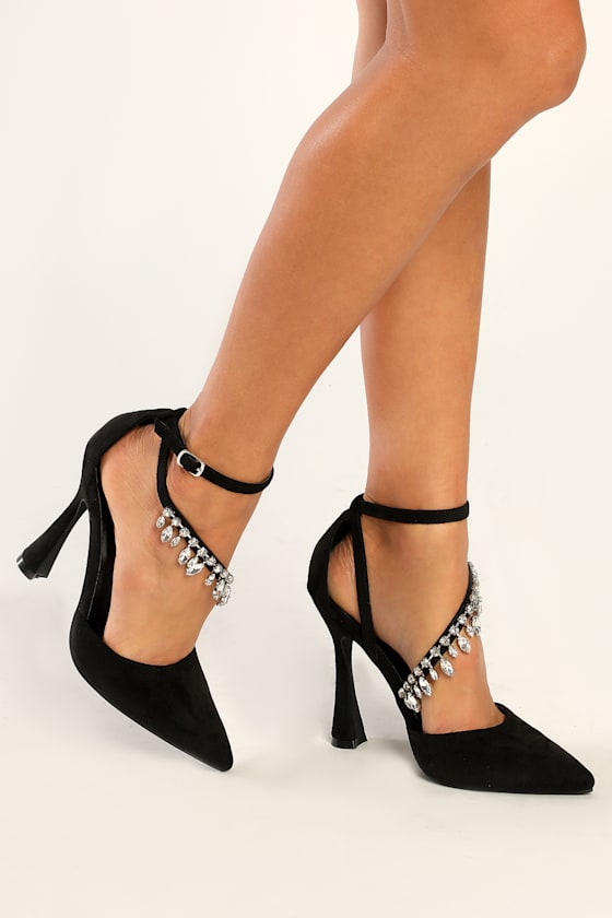 Black Suede Heels Rhinestone Heels Ankle Strap Heels Lulus
