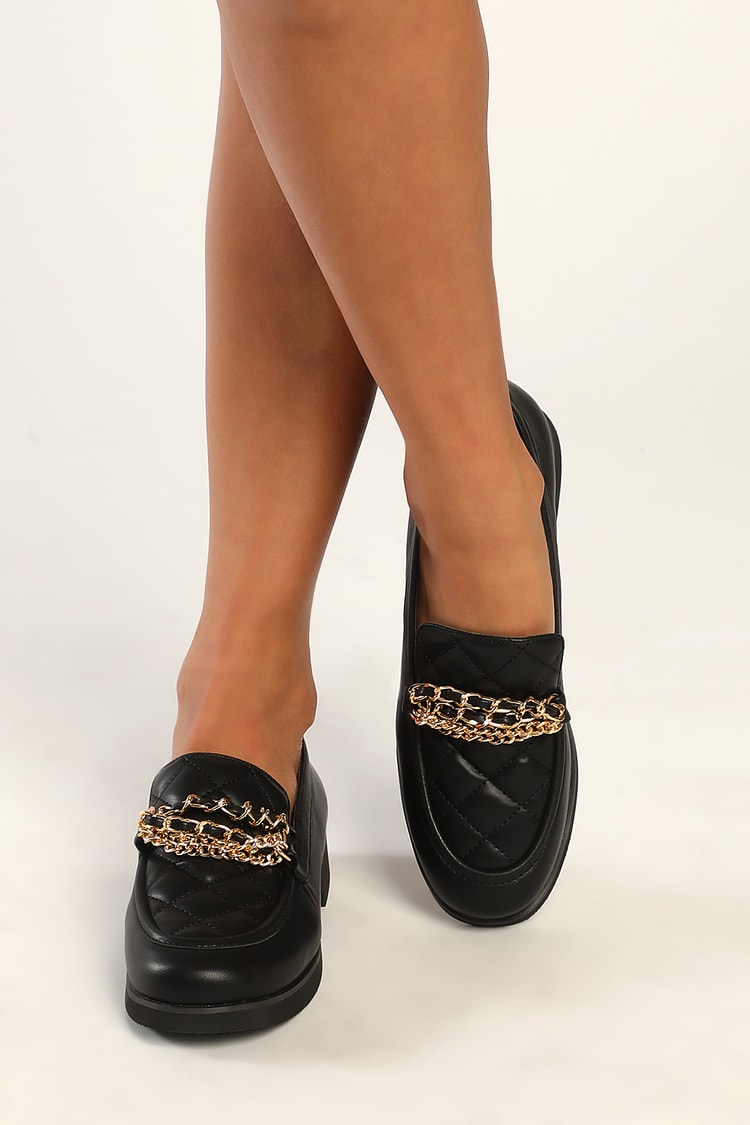 Natura Seks løber tør Cute Black Loafers - Flatform Loafers - Gold Chain Loafers - Lulus