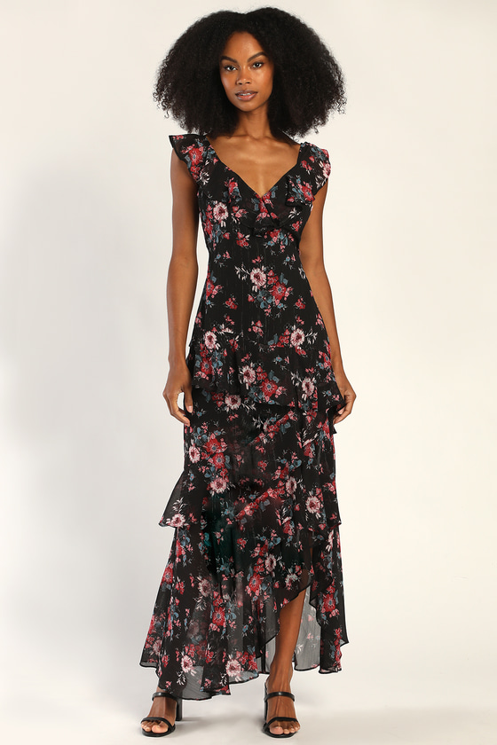 lulus floral tiered ruffle chiffon dress