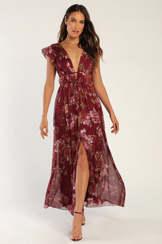 Lulus I'm All Yours Burgundy Floral Print Ruffled Maxi Dress