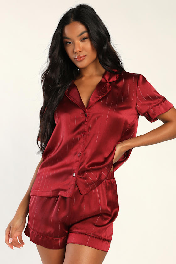 Wine Red Pajama Set Satin Pajama Set Short Sleeve PJ Set Lulus