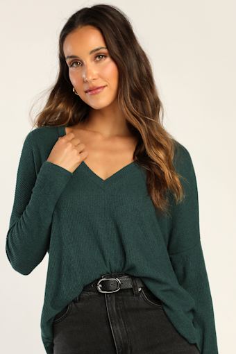 Just Vibing Hunter Green Ribbed V-Neck Sweater Top 3
