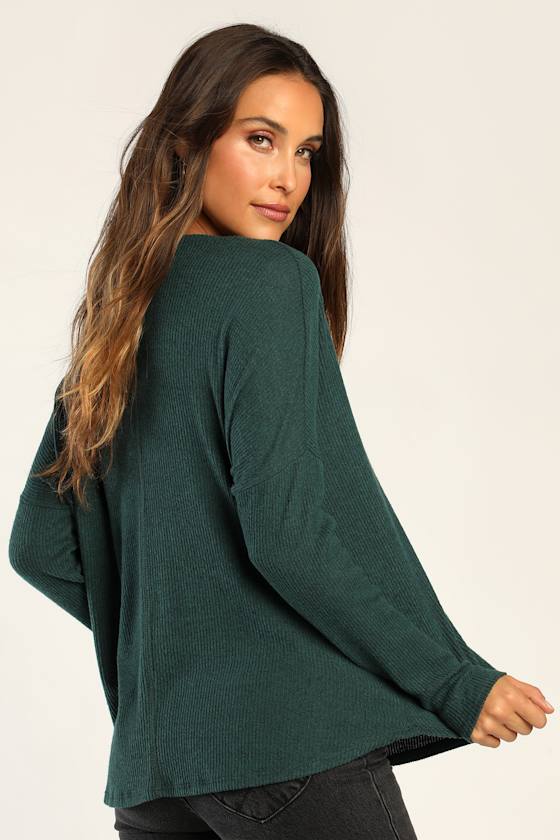 Just Vibing Hunter Green Ribbed V-Neck Sweater Top 4