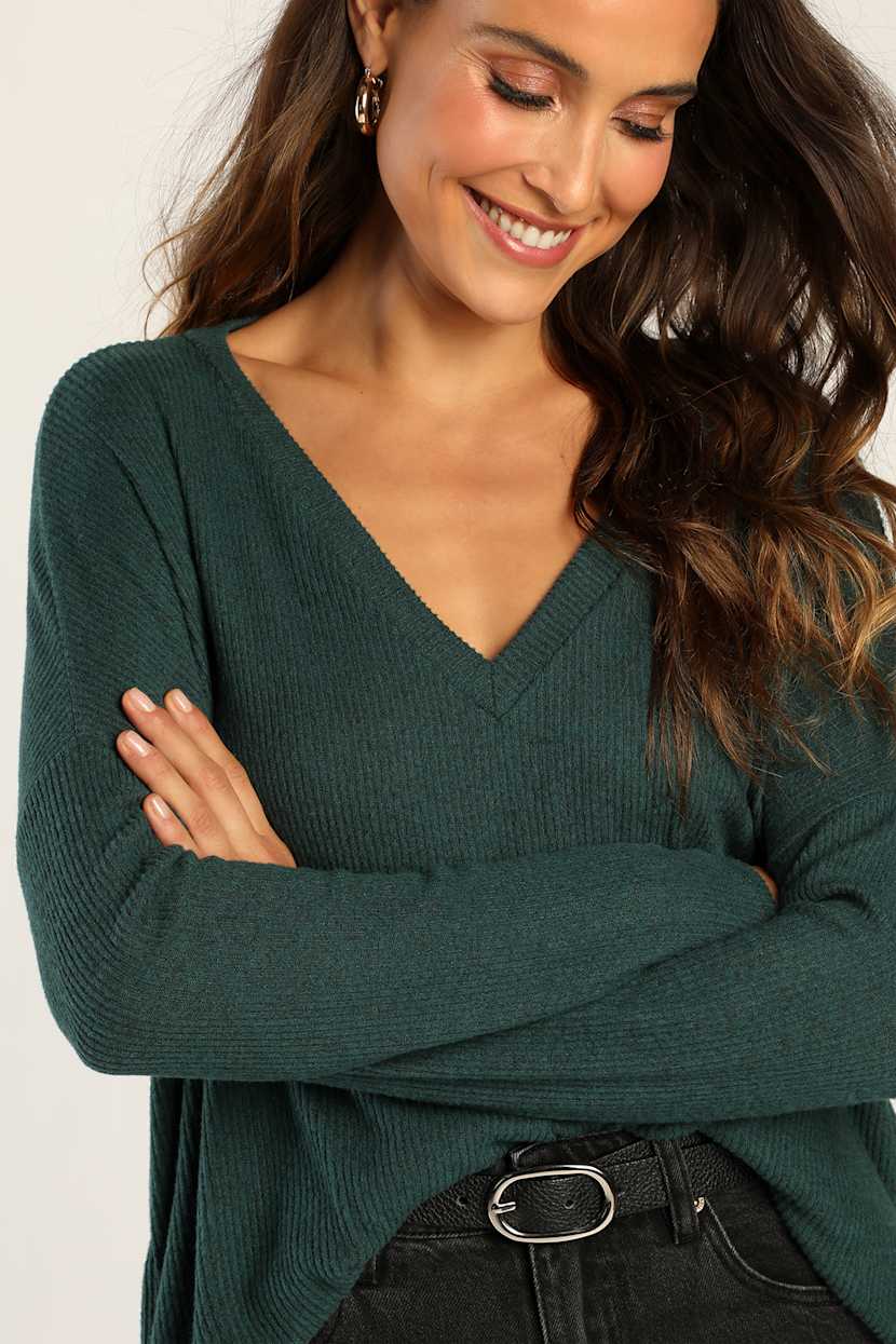 Just Vibing Hunter Green Ribbed V-Neck Sweater Top