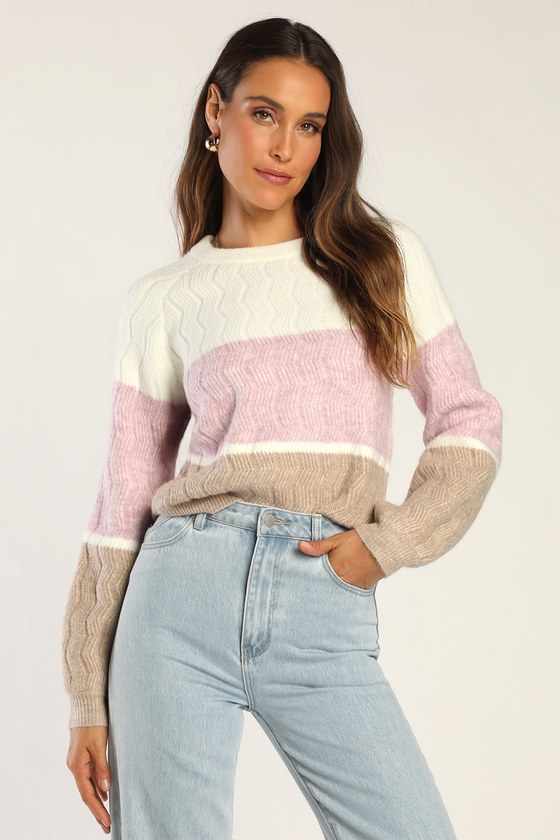 Lulus Wintertime Cutie Ivory Multi Colorblock Chevron Knit Sweater