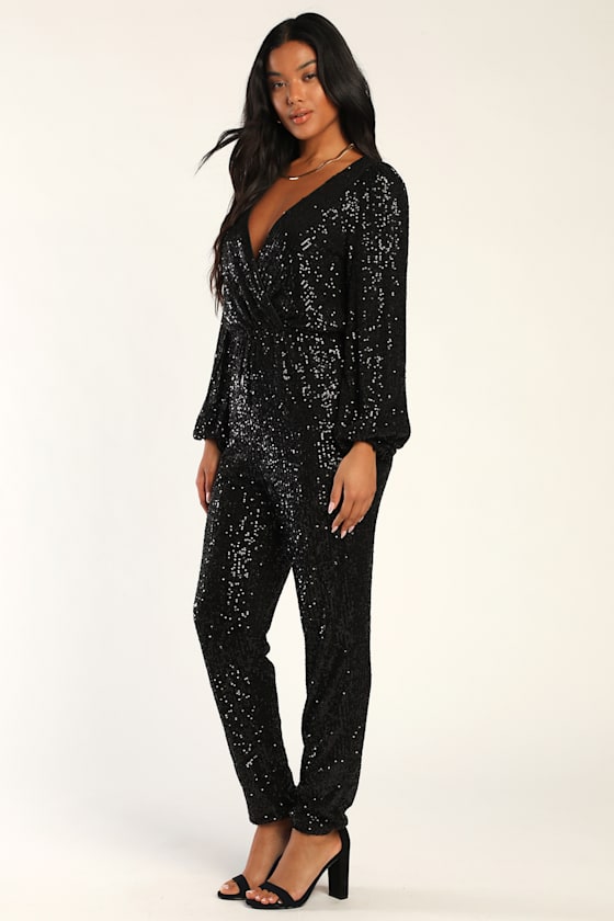 Black Sequin Jumpsuit Long Sleeve Jumpsuit Jogger Jumpsuit Lulus
