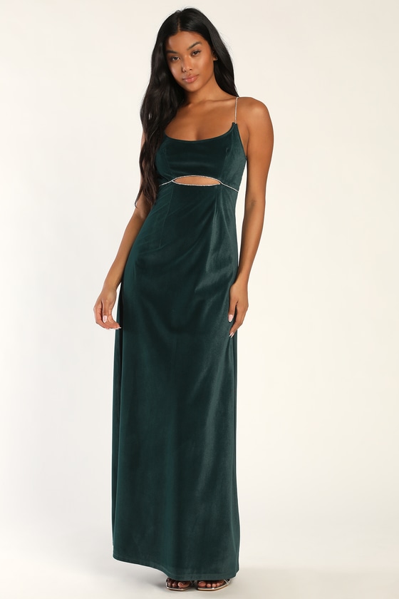 Lulus Gala Glam Hunter Green Velvet Rhinestone Cutout Maxi Dress