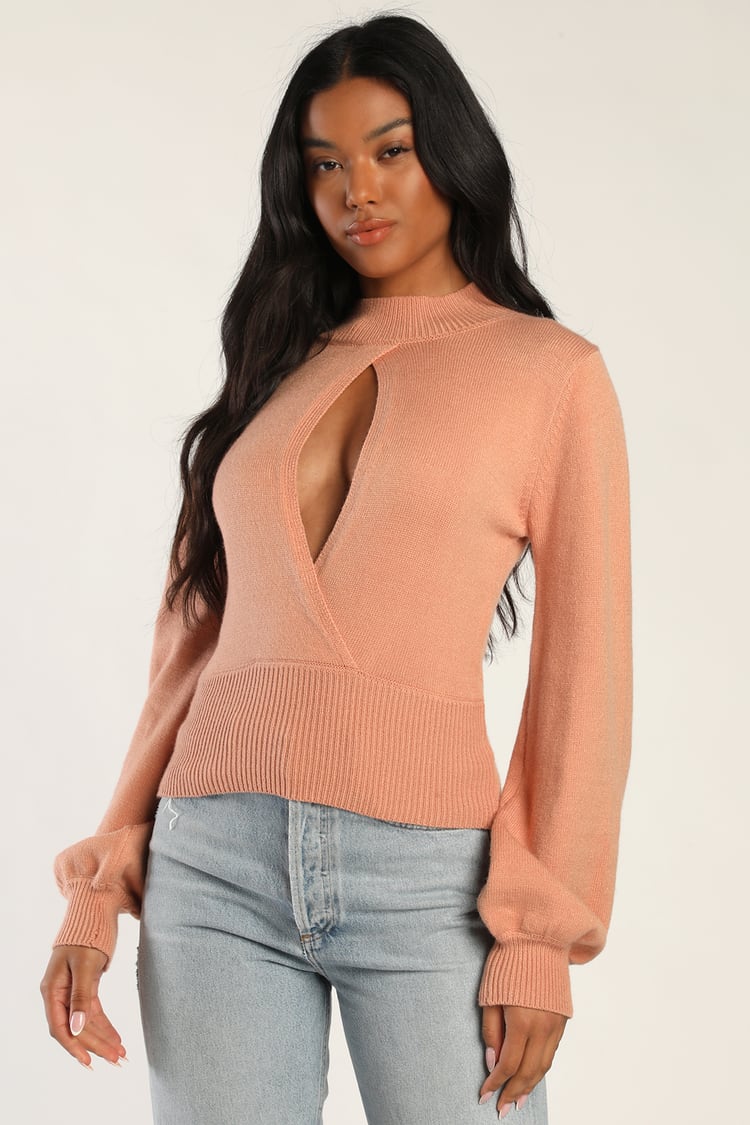 Better Than Average Light Pink Mock Neck Cutout Sweater