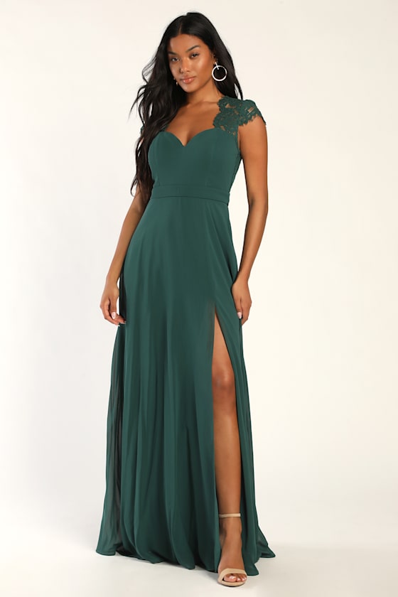 Dark Green Maxi Dress Lace Cutout Dress Cap Sleeve Dress Lulus