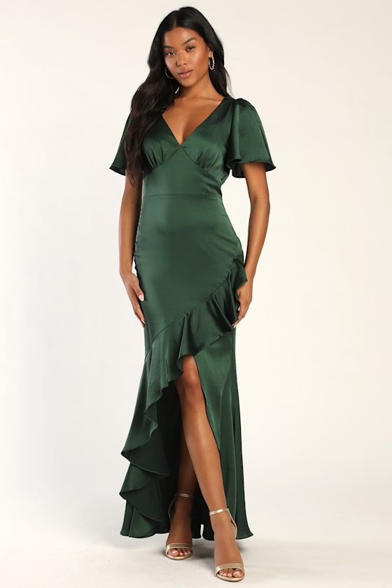 Eternal Bond Emerald Satin Ruffled Flutter Sleeve Maxi Dress 1