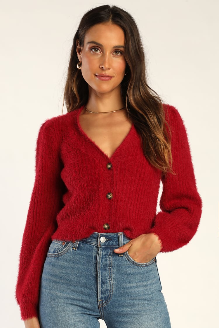 Cozy Touch Wine Red Eyelash Knit Button-Up Cardigan Sweater