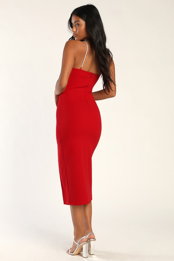 Red Midi Dress - Rhinestone Dress - One-Shoulder Dress - Lulus