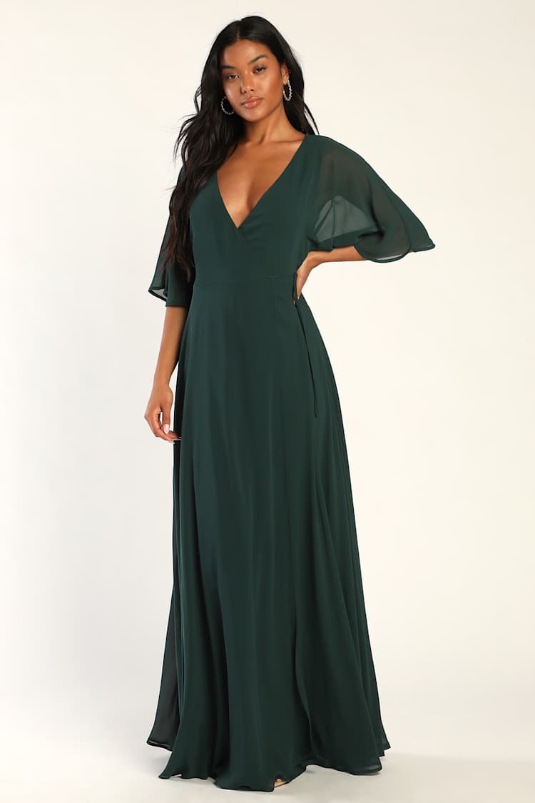 Romantic Energy Emerald Green Flutter Sleeve Maxi Wrap Dress