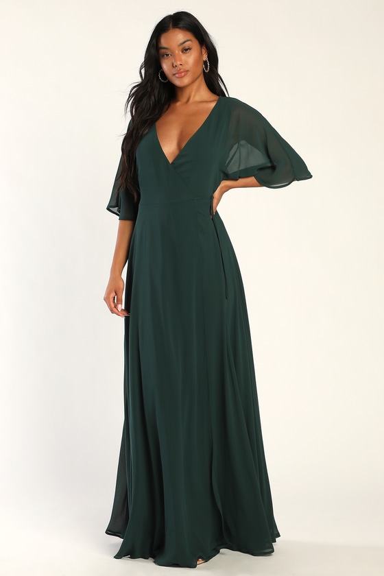 Emerald Green Maxi Dress - Flutter Sleeve Dress - Maxi Wrap Dress - Lulus
