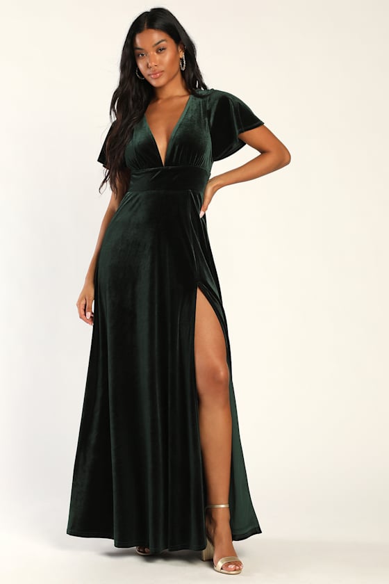Emerald Green Maxi Dress Velvet Dress Flutter Sleeve Dress Lulus