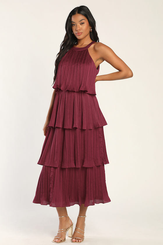 Wine Red Midi Dress Tiered Midi Dress Plisse Midi Dress Lulus