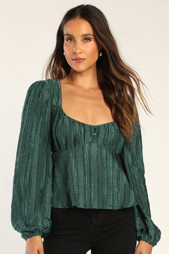 Lulus Spread The Cheer Emerald Textured Square Neck Long Sleeve Top In Green