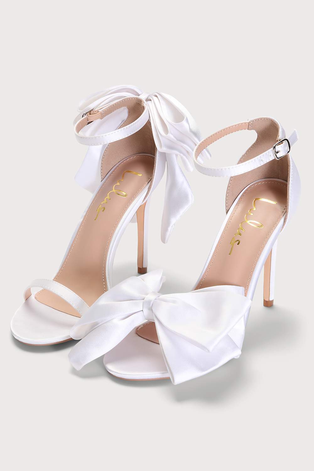 Woodell White Satin Bow Ankle Strap Pumps