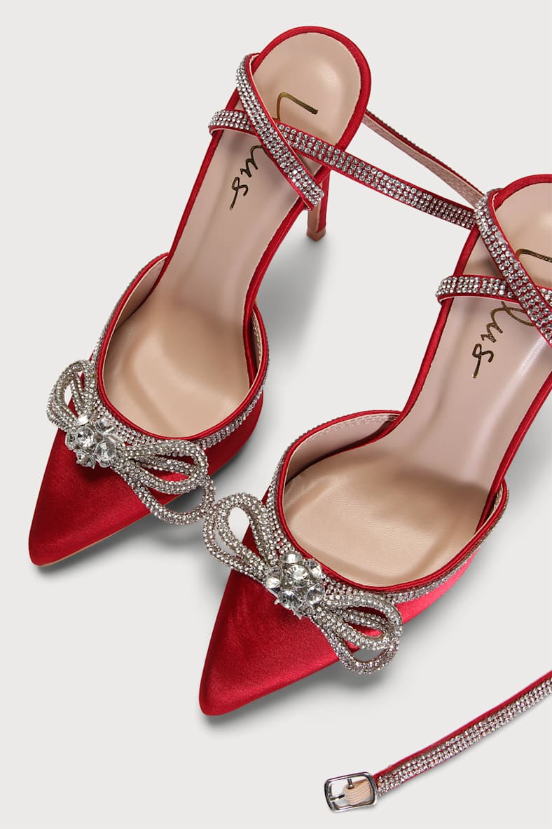 Lullie Red Satin Rhinestone Ankle Strap Pointed-Toe Pumps