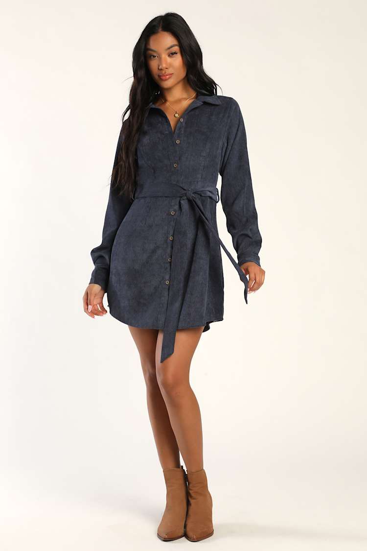 navy blue corduroy dress Navy Corduroy Geo Smocked Collared Dress – Classic Whimsy main image 0