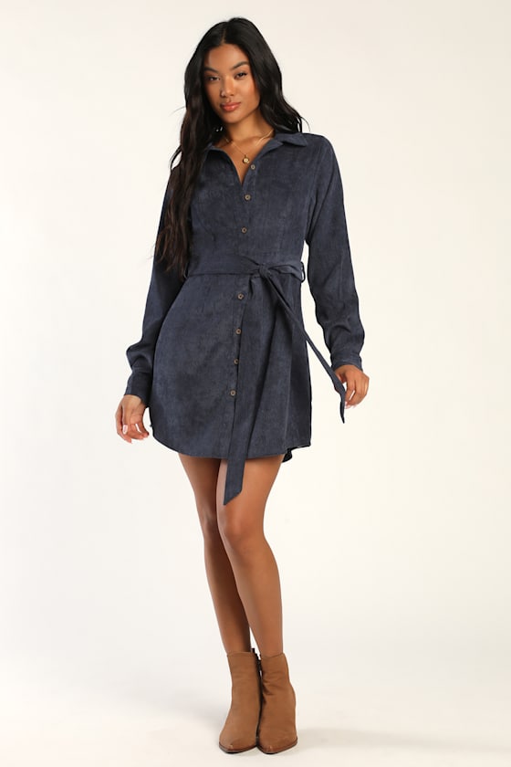 Daily Sweetie Navy Blue Corduroy Long Sleeve Mini Dress 2