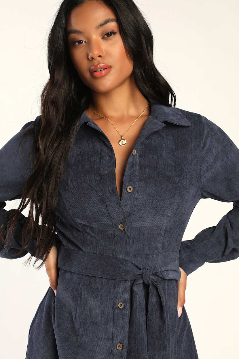 Navy Corduroy Mini Dress - Corduroy Dress - Belted Mini Dress - Lulus