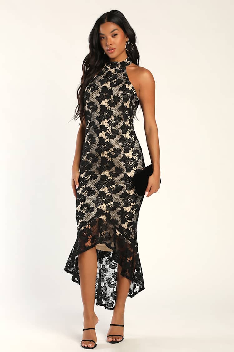 knee length dresses for ladies Black Nude Cap Sleeve Lace Cocktail Dress With Feather Trim main image 0