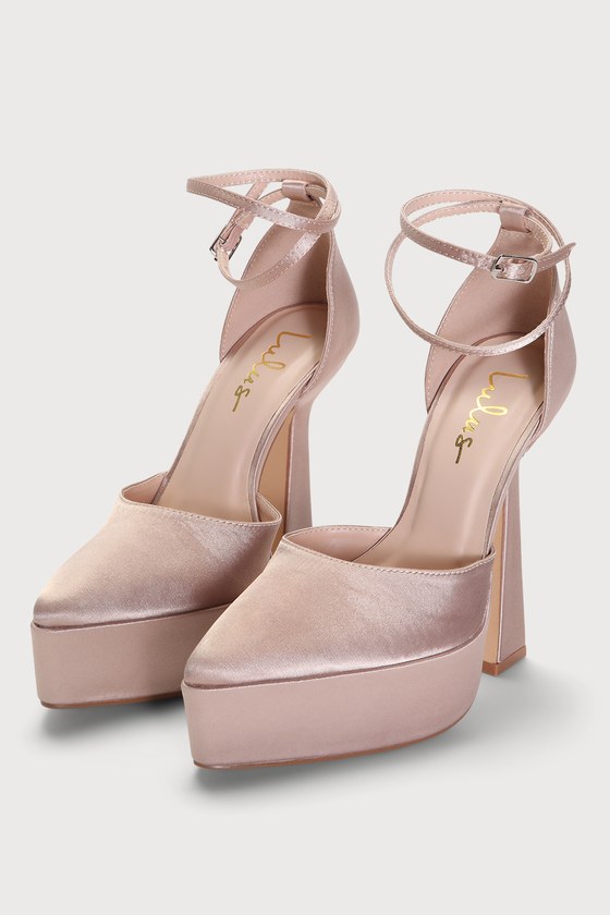 Galana Champagne Satin Platform Pointed Toe Ankle Strap Pumps