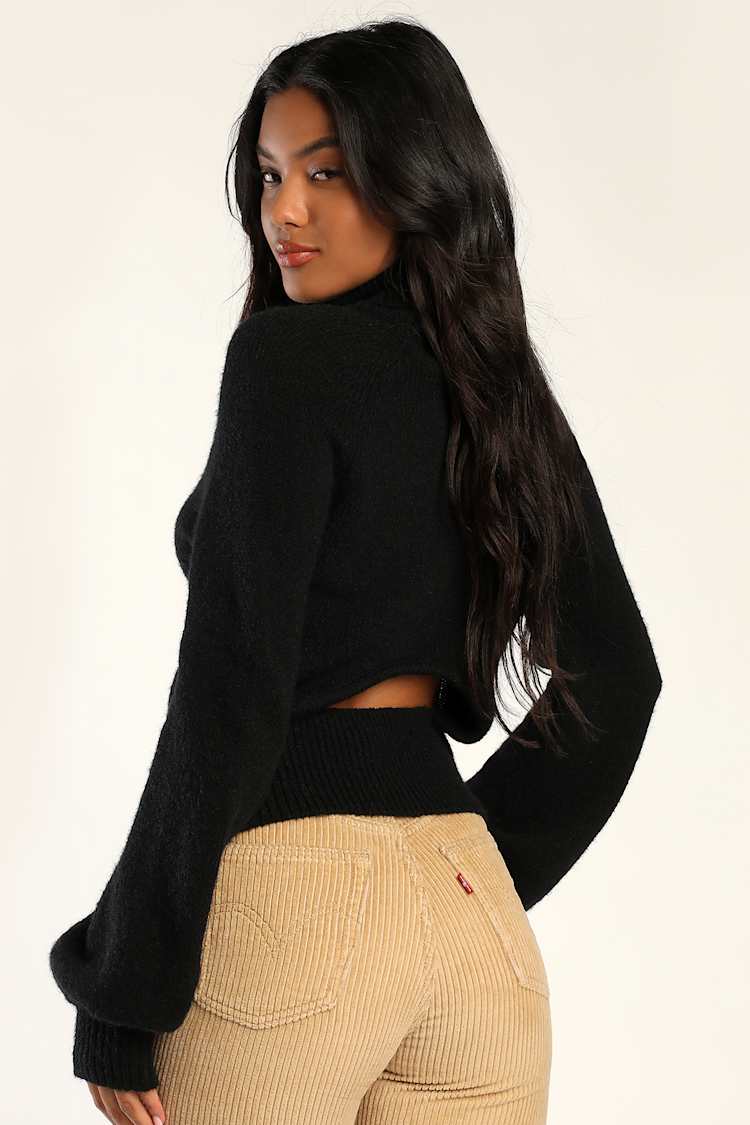 Black Balloon Sleeve Sweater - Turtleneck Sweater - Cutout Top - Lulus