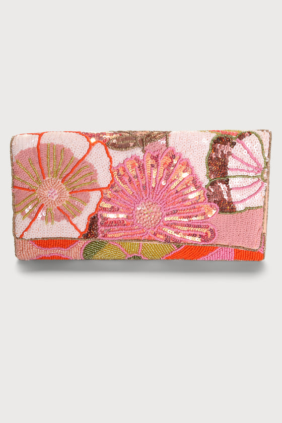 Lulus Bead Beautiful Peach Pink Multi Floral Beaded Clutch