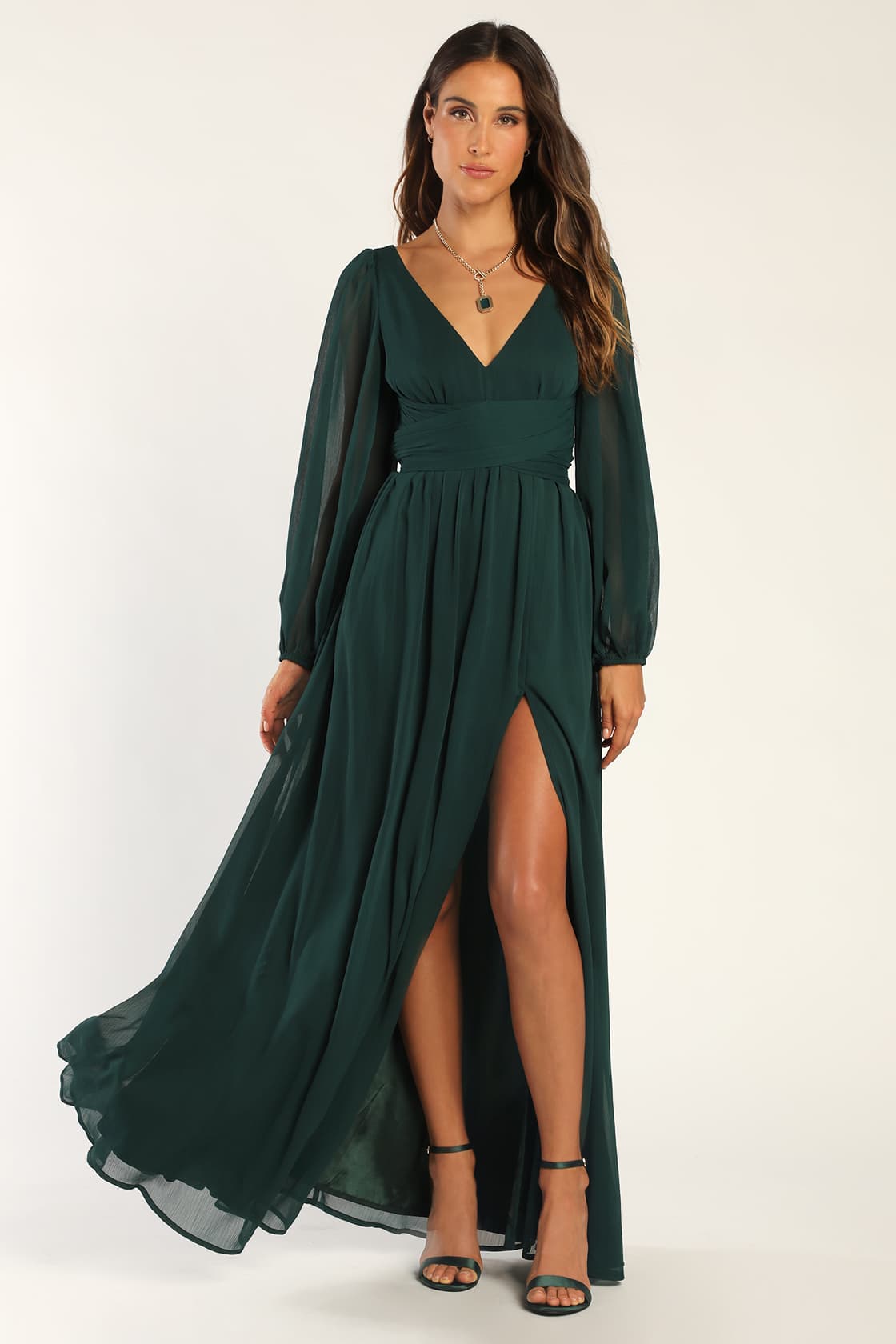 Enchant My Love Emerald Green V-Neck Long Sleeve Maxi Dress